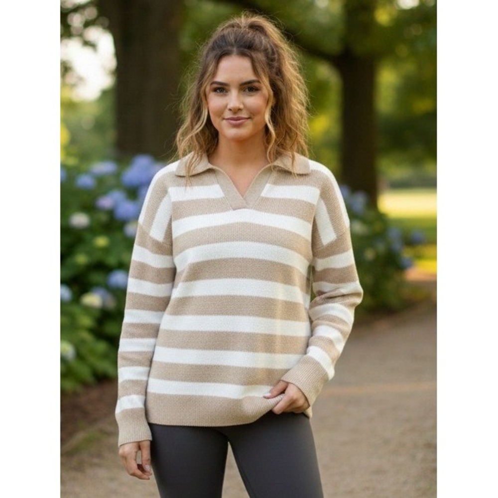 Marled Striped Ribbed Polo Sweater Women's Size M V-Neck Long Sleeve Tan White